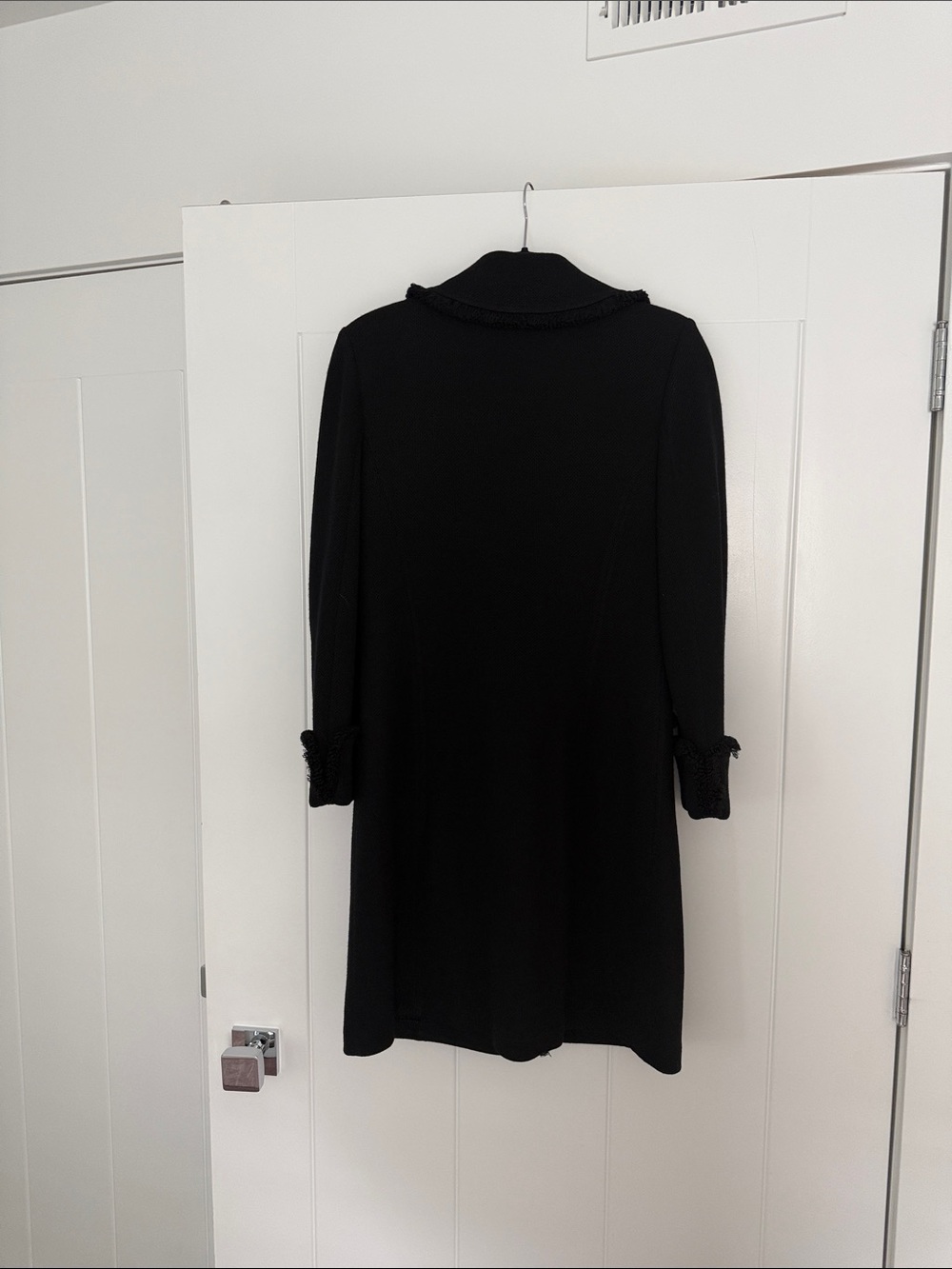 St. John Caviar Classic Black Fringe-Trim Long Blazer Jacket with Gold Buttons. - Picture 3 of 3